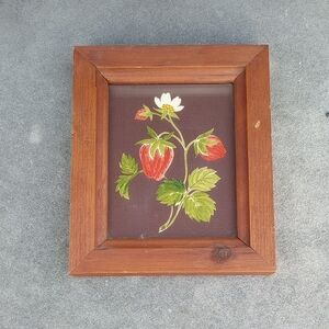 Vintage Strawberry & Floral Art in Brown Wood Wall Frame. Red Green White